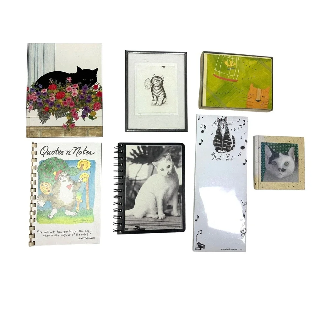 Lot of 7 Cat Themed Note Pad, Note Books , Note Cards, Framed Little Picture